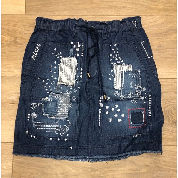 Anthropologie Women’s Blue Jean Skirt Embroidered Medium R5